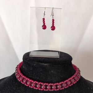 Red Beaded Choker And Earrings Set